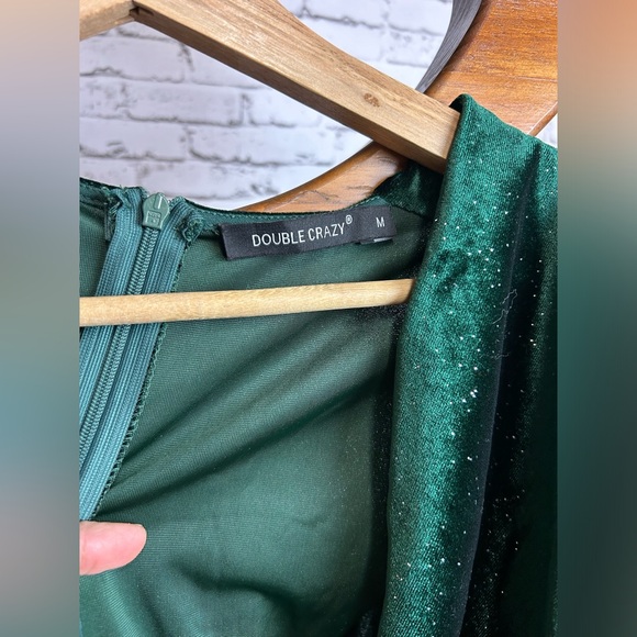 Double Crazy| Elegant Deep Forest Green Velvet Sparkly Gorgeous Evening Dress, M - Picture 6 of 7